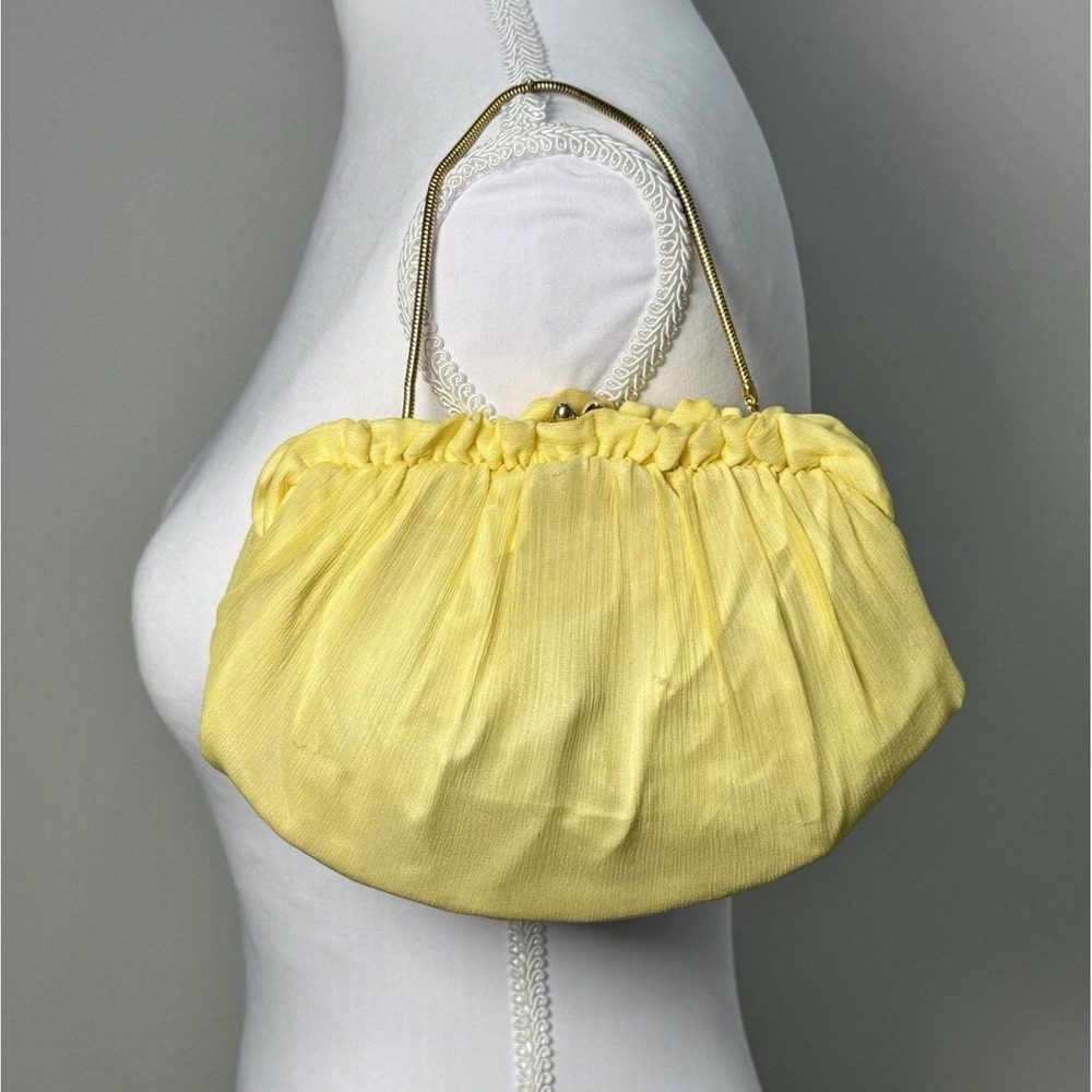 Vintage Yellow Chiffon Evening Bag HL USA Satin Lined Convertible‎ Clutch Purse